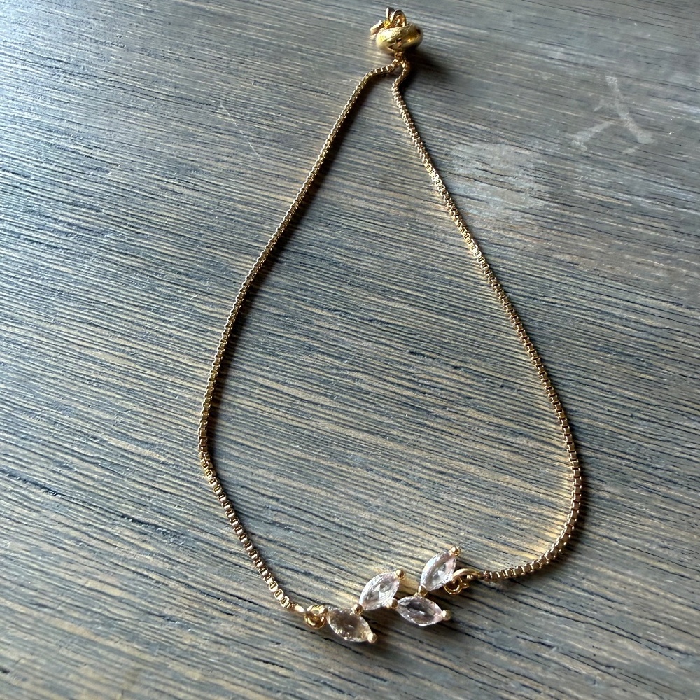 Gold Tone Leaf Crystal Adjustable Slider Bracelet Dainty Minimal